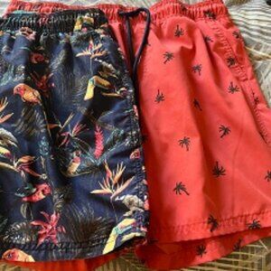 TWO Men's Boxer Swim Pants Tommy Bahama Look + Orange/Black Palm Trees LARGE